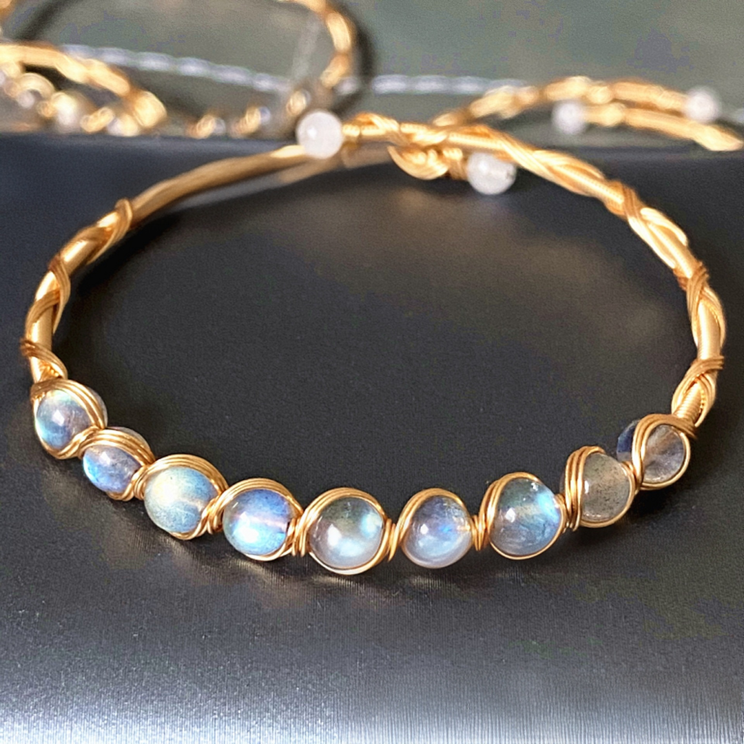 18K Gold Natural Gemstone Wire-Wrapped Bracelet