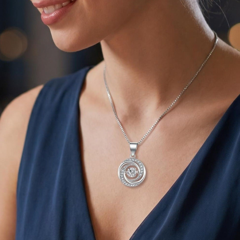 S925 Sterling Silver Swirl Halo Round CZ Necklace
