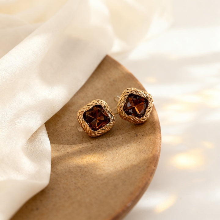 Vintage Amber Cushion Cut Stud Earrings