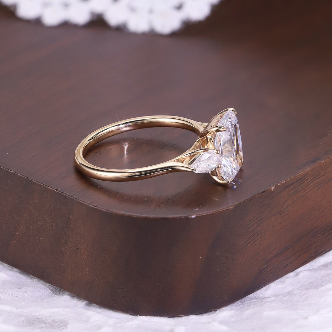 18K Gold Classic Three-Stone Ring | Cushion Cut & Pear Accents