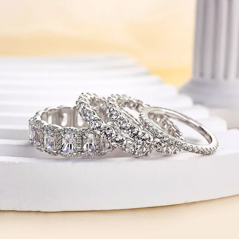 S925 Sterling Silver Emerald Cut 4-Piece Ring Set Luxe Full Eternity Stacking Set