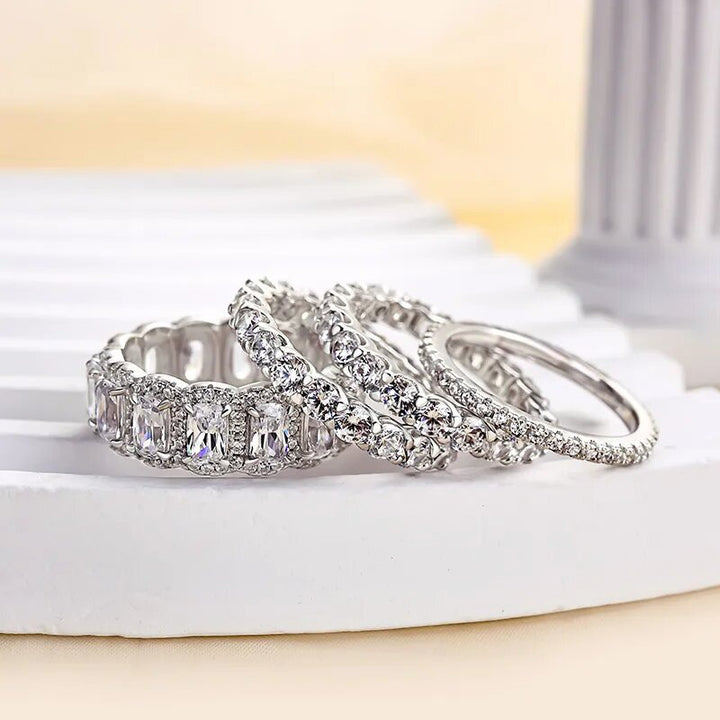 S925 Sterling Silver Emerald Cut 4-Piece Ring Set Luxe Full Eternity Stacking Set