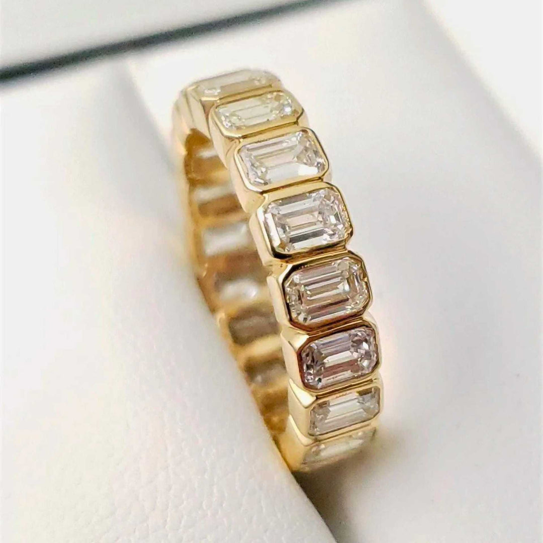 18K Gold Emerald Cut Eternity Band Geometric Bezel Set Ring