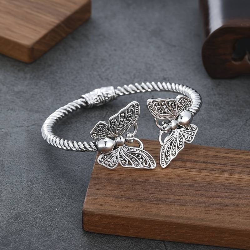 S925 Sterling Silver Twisted Texture Vintage Butterfly Open Cuff Bracelet