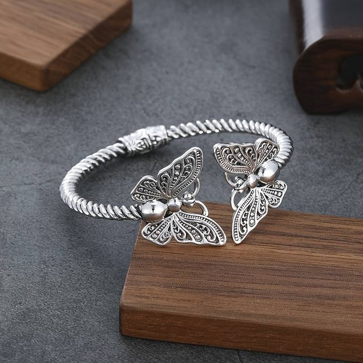 S925 Sterling Silver Twisted Texture Vintage Butterfly Open Cuff Bracelet