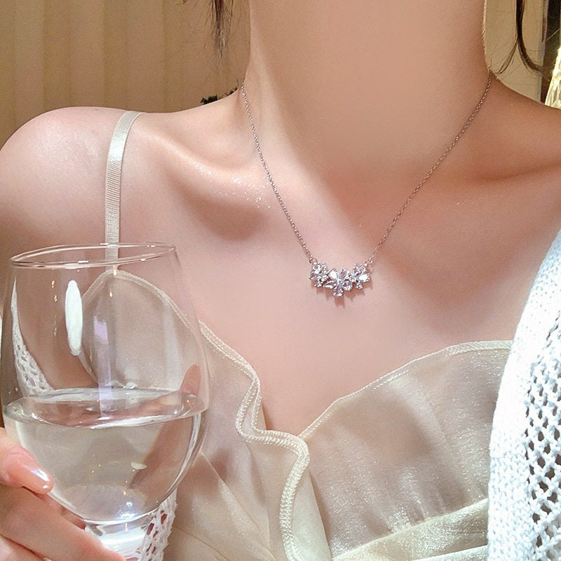 S925 Silver French Floral Cluster Necklace Marquise & Pear Cut CZ Statement Chain