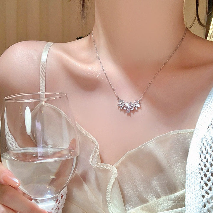 S925 Silver French Floral Cluster Necklace Marquise & Pear Cut CZ Statement Chain