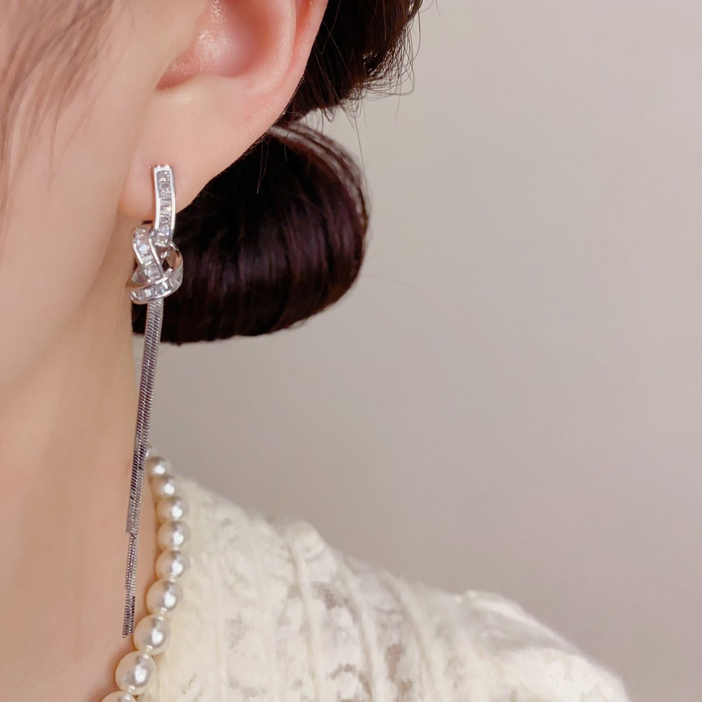 S925 Silver Baguette Knot Tassel Earrings Long Metal Chain Drop Earrings