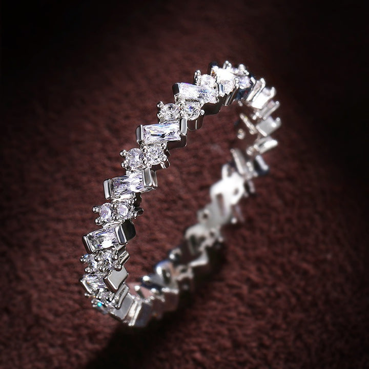 S925 Silver Art Deco Eternity Band Alternating Baguette & Round Cut CZ Ring