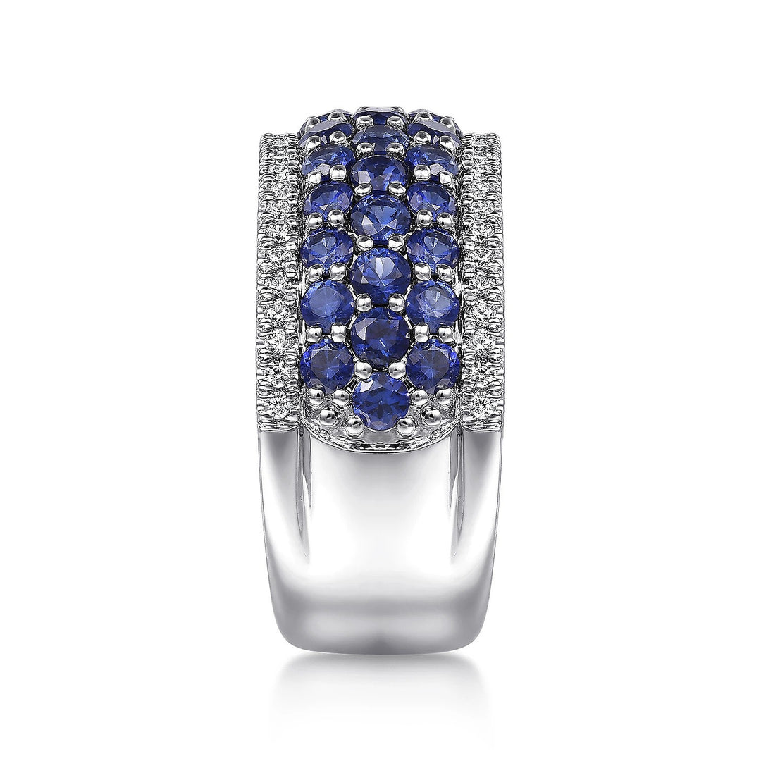 S925 Sterling Silver Wide Pavé Sapphire & Clear Crystal Band Ring