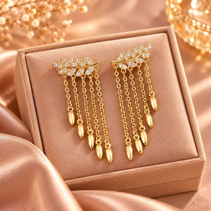 S925 Silver Pavé Laurel Leaf Tassel Earrings Botanical Ethereal Long Drop Earrings