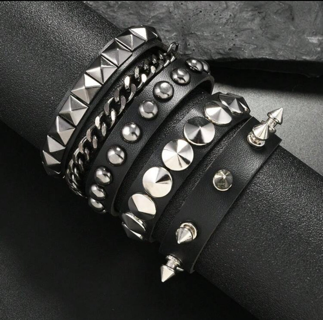 Vintage Rock Chic Studded Leather Bracelet Set