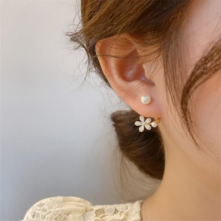S925 Silver Floral Pearl Ear Cuff & Stud Set French Romantic Earrings