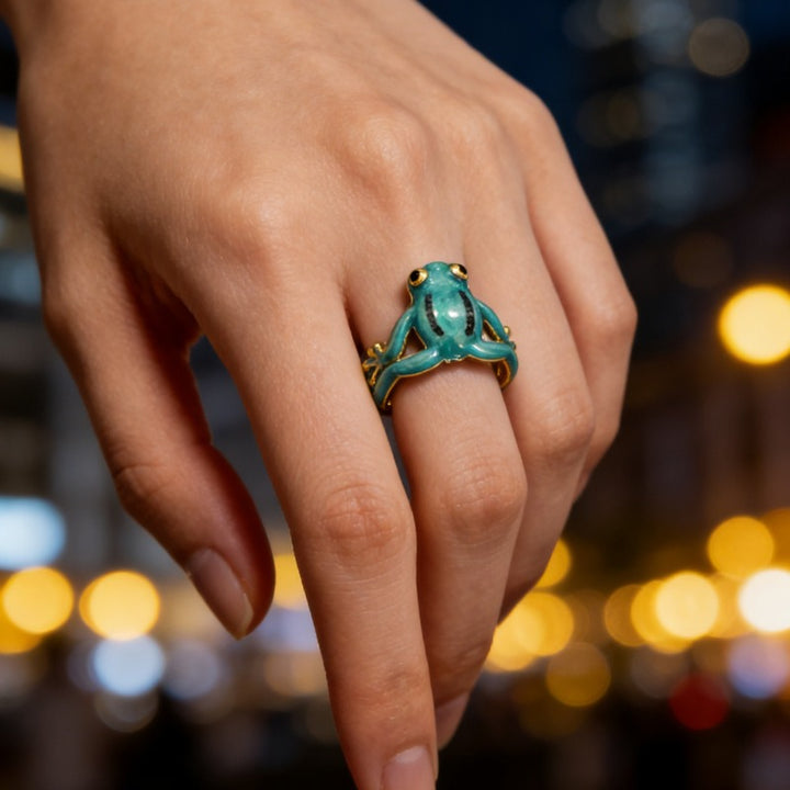 18K Gold Enamel Frog Open Ring