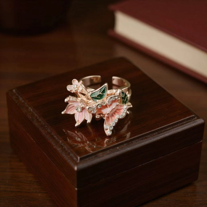 Vintage French Enamel Butterfly & Flower Open Ring