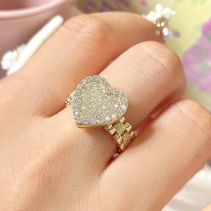 18K Gold Iced Out Heart Ring