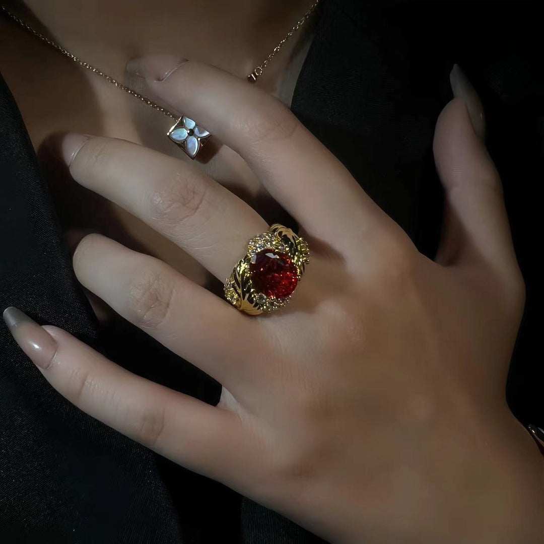 Vintage Feather & Leaf Open Ring Ruby or Champagne Center Stone
