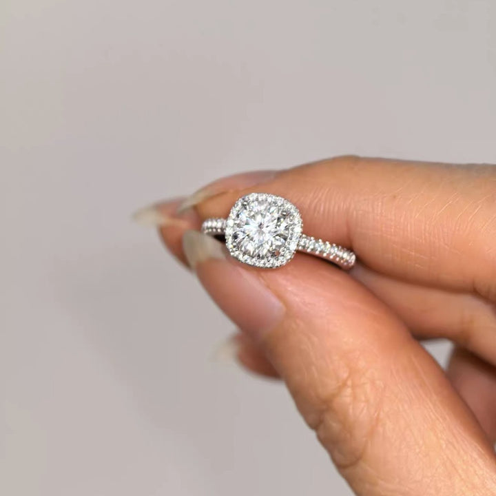 18K White Gold Pavé Band Classic Cushion Halo Engagement Ring