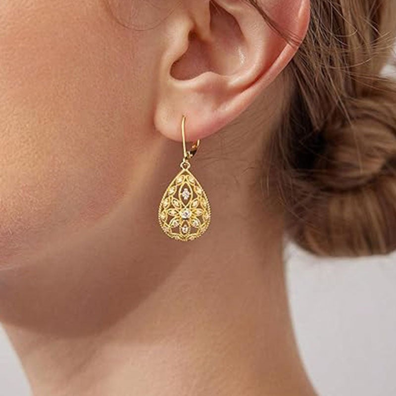 14K Gold Plated CZ S925 Silver Leverback French Vintage Teardrop Filigree Earrings