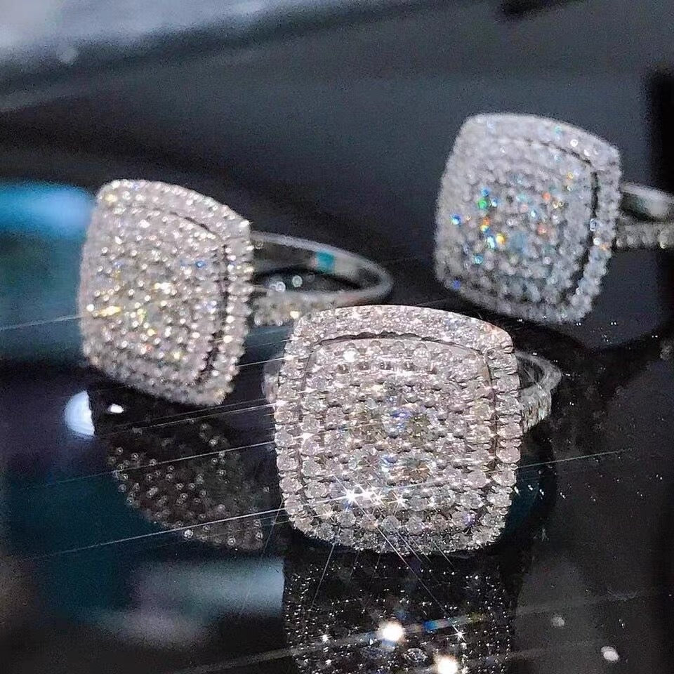 「Cushion Starburst」S925 Sterling Silver Triple Halo Pave Ring