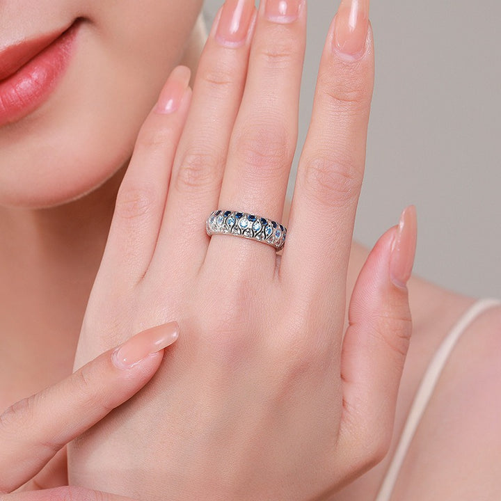 「Deep Sea Gradient」S925 Sterling Silver Three-Tone Blue Quilted Band Ring