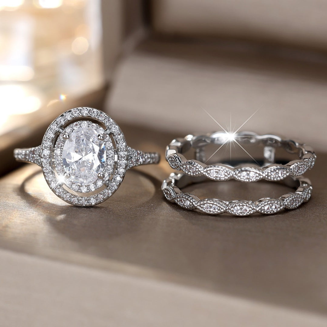 Eternal Vow White Gold Oval Double Halo Bridal Ring Set