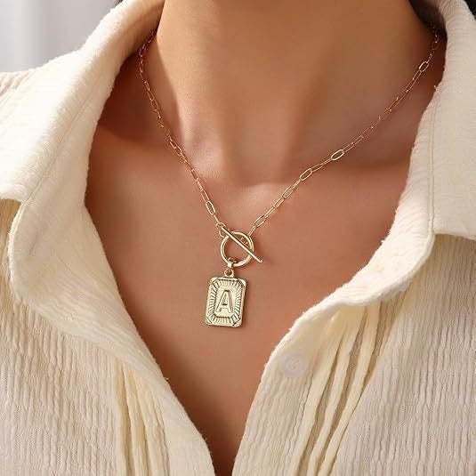 Personalized Initial 14K Gold Vintage Square Tag Letter Necklace