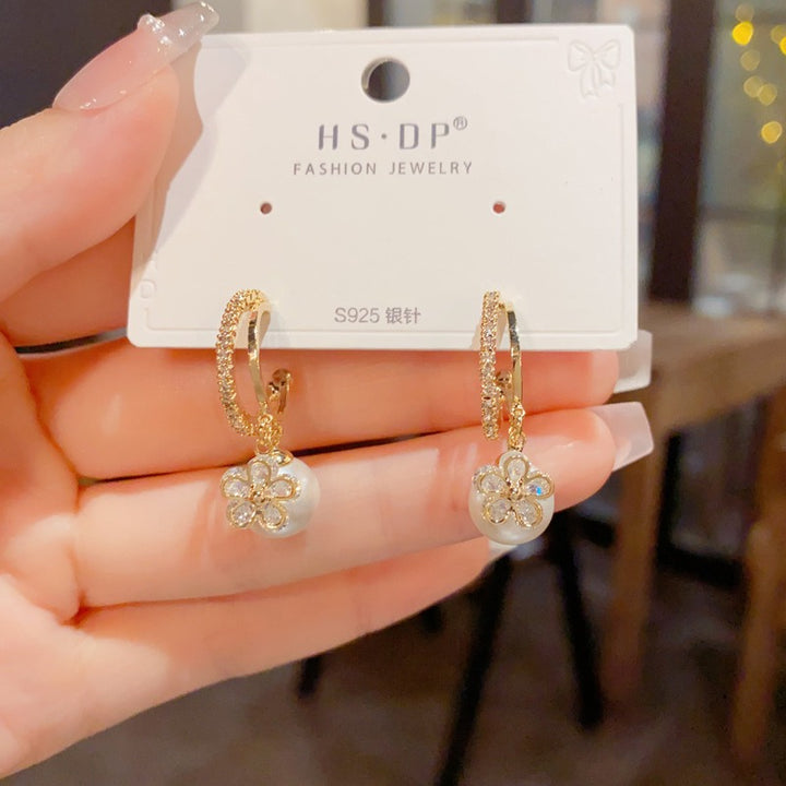 S925 Sterling Silver Flower Pearl Hoop Earrings