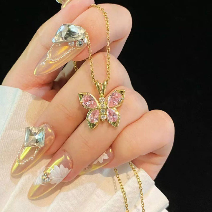 14K Gold Pink Butterfly Pendant Necklace