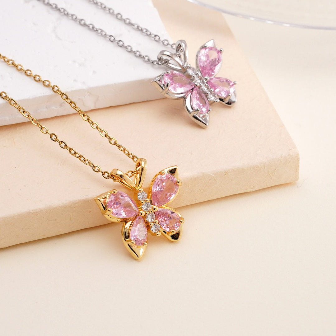 14K Gold Pink Butterfly Pendant Necklace