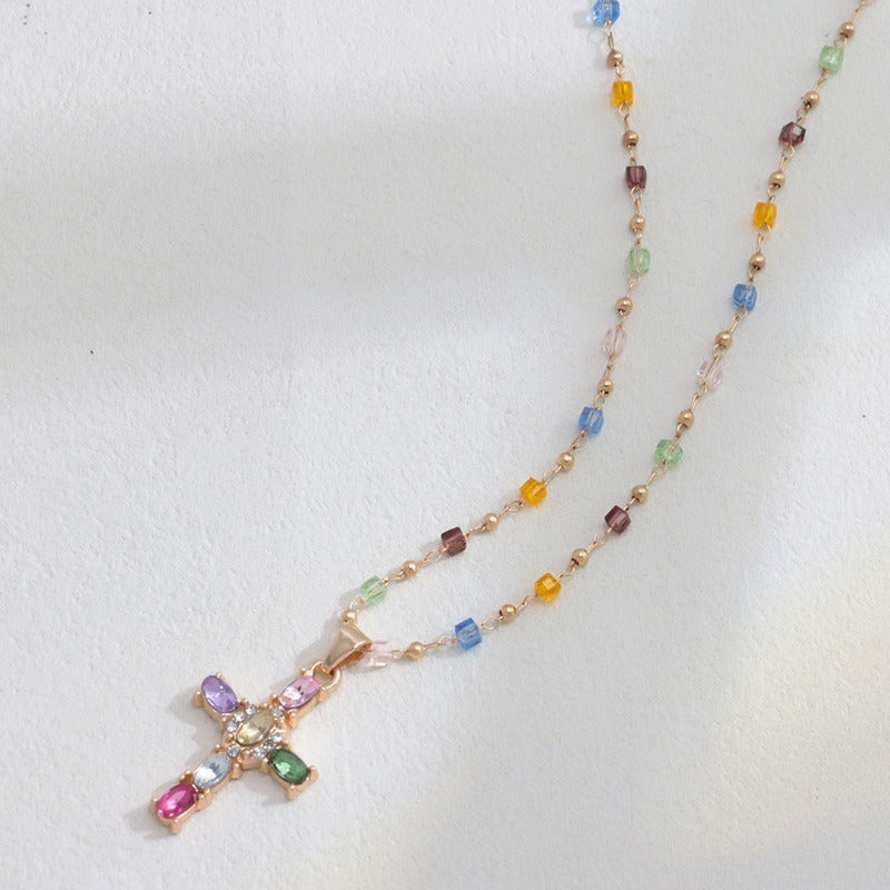 Rainbow Covenant Colorful Gemstone Cross Necklace
