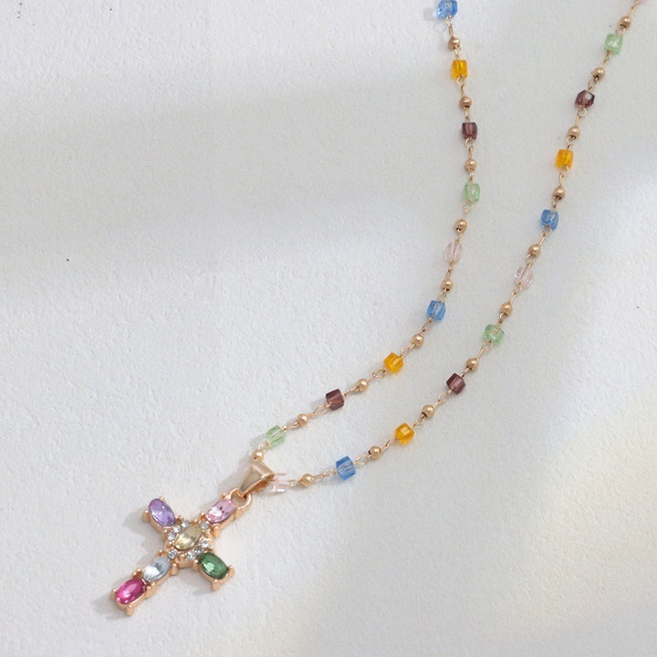 Rainbow Covenant Colorful Gemstone Cross Necklace