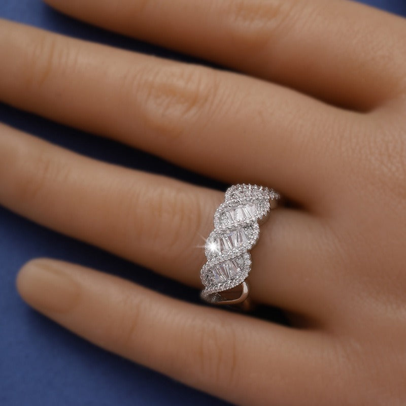 「Woven Starlight」S925 Sterling Silver Baguette CZ Hollow Ring