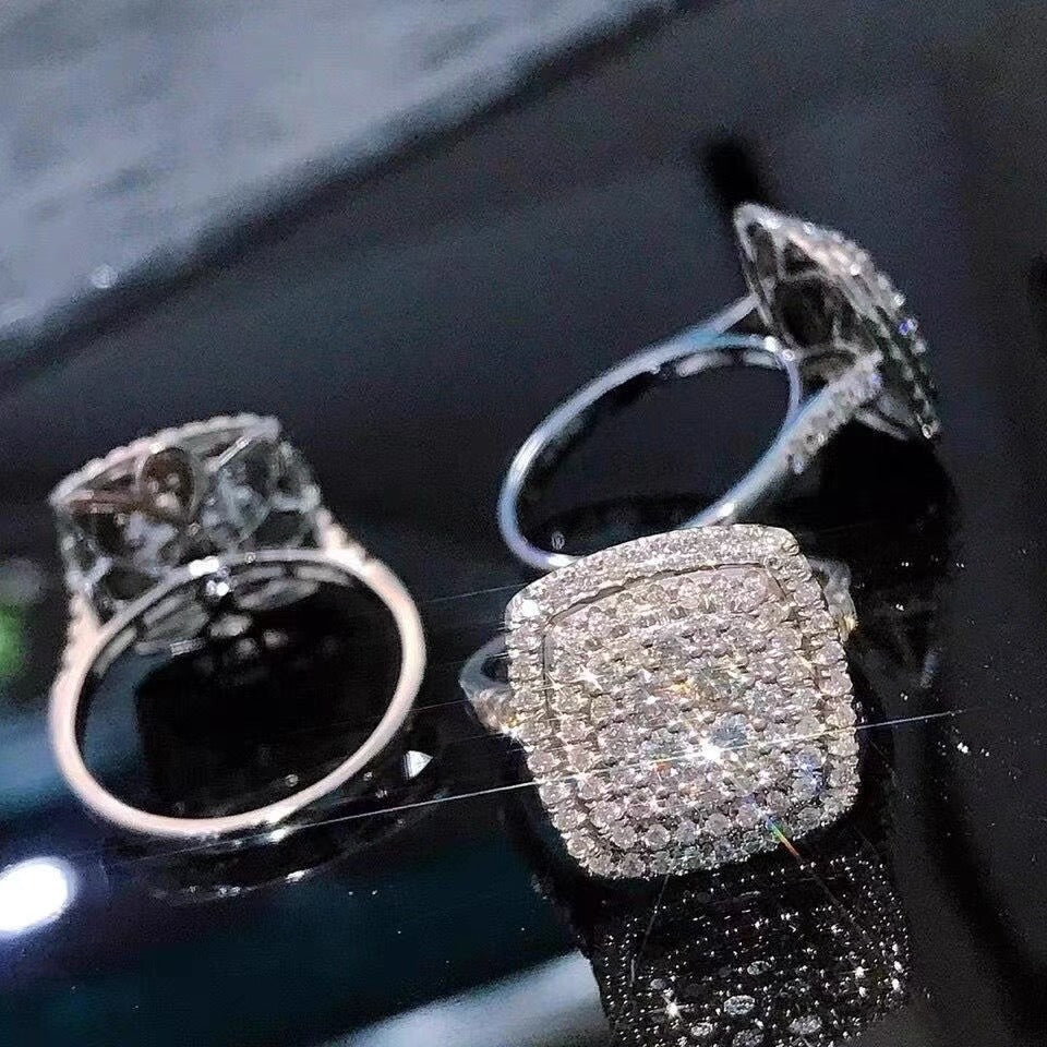 「Cushion Starburst」S925 Sterling Silver Triple Halo Pave Ring
