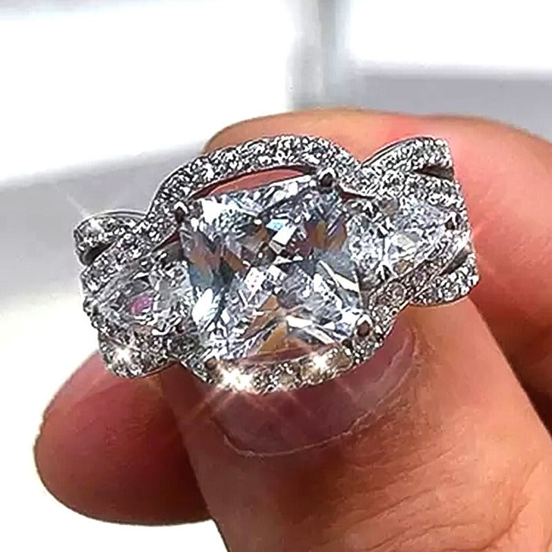 「Eternal Three-Stone」Cushion Cut Twisted Pavé Ring