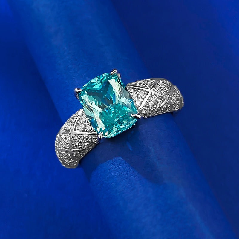 「Paraiba Dream」S925 Sterling Silver Cushion Cut Quilted Ring