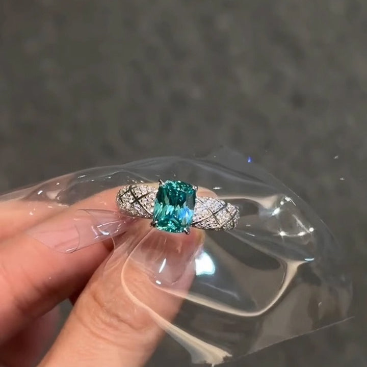 「Paraiba Dream」S925 Sterling Silver Cushion Cut Quilted Ring