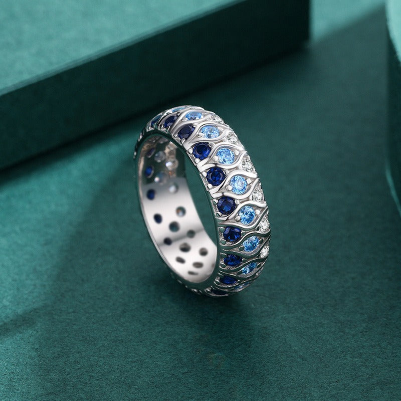 「Deep Sea Gradient」S925 Sterling Silver Three-Tone Blue Quilted Band Ring