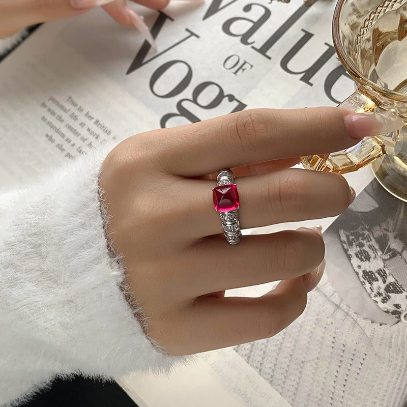 「Royal Gemstone」S925 Sterling Silver Cushion Cut Open Ring