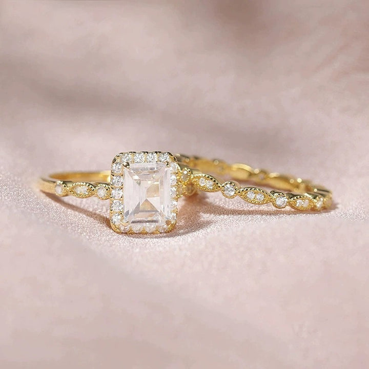 「Vintage Emerald Cut」18K Gold/Platinum Stackable Bridal Ring Set