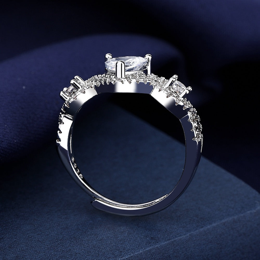 S925 Sterling Silver Three-Stone Halo Heart Ring
