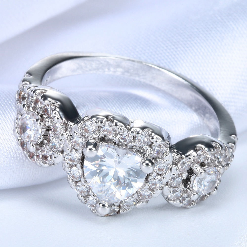 S925 Sterling Silver Three-Stone Halo Heart Ring