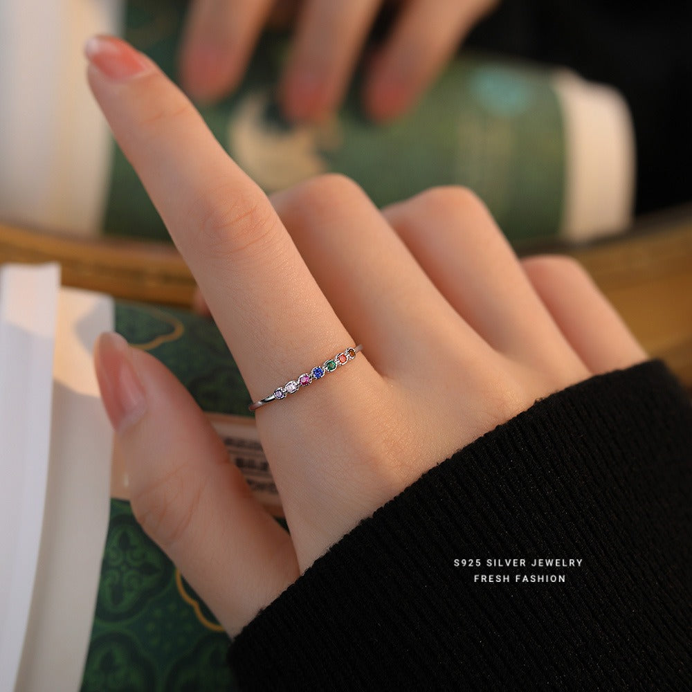 Rainbow Glimmer S925 Sterling Silver Minimalist Rainbow Band Ring