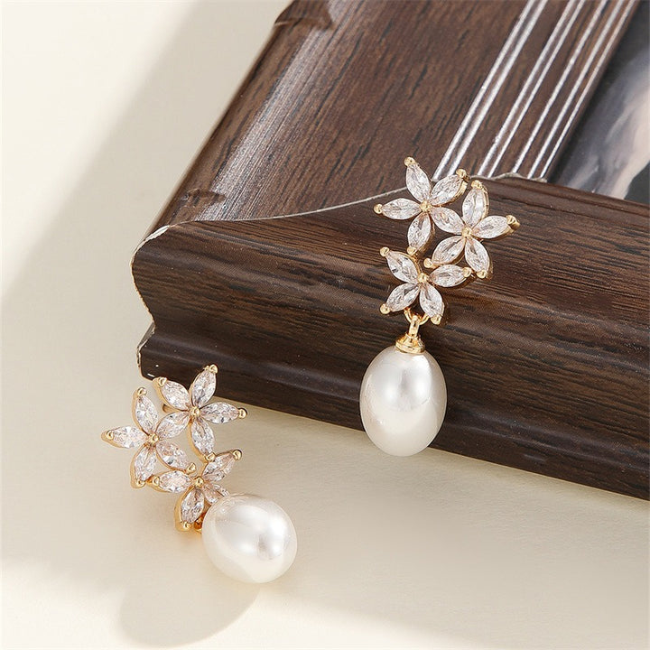 Jasmine Twin Flower 18K Gold Marquise Cut Pearl Drop Earrings