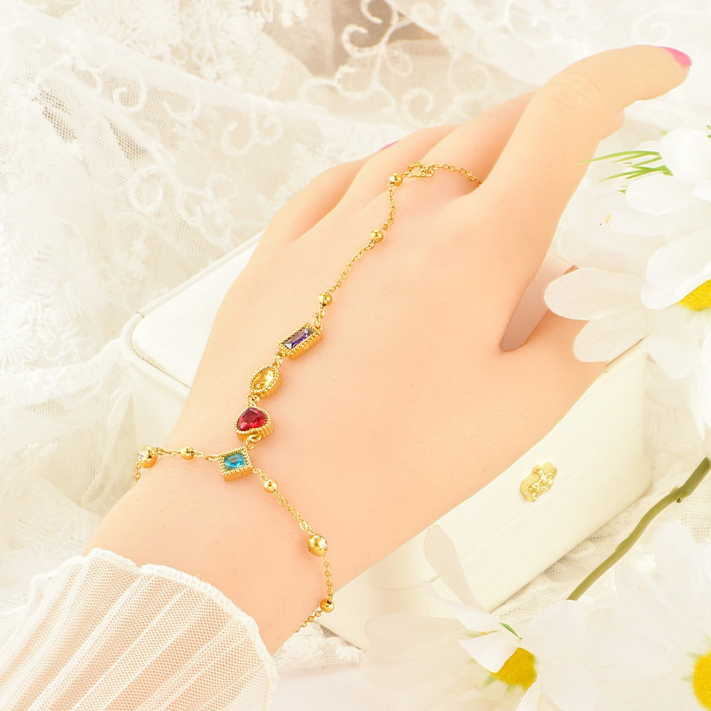 18K Gold Plated Rainbow Gemstone Hand Chain with Finger Ring