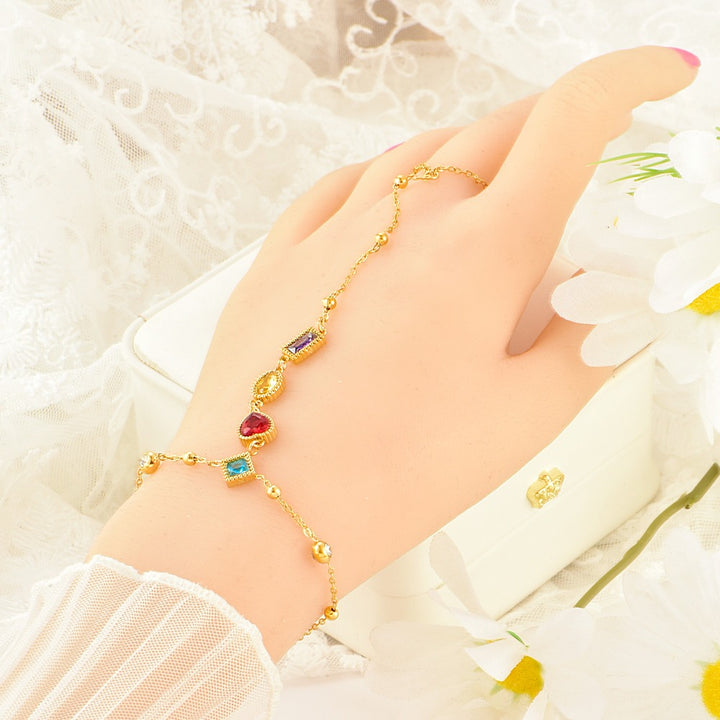 18K Gold Plated Rainbow Gemstone Hand Chain with Finger Ring
