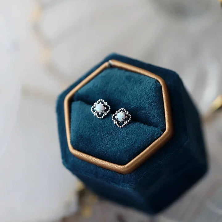 Dainty Lace Clover Opal Stud Earrings