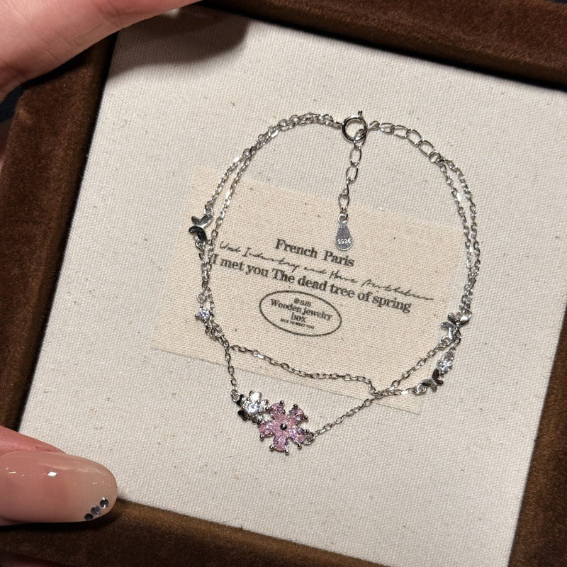 Cherry Blossom & Butterfly Dance 925 Sterling Silver Double Layer Bracelet