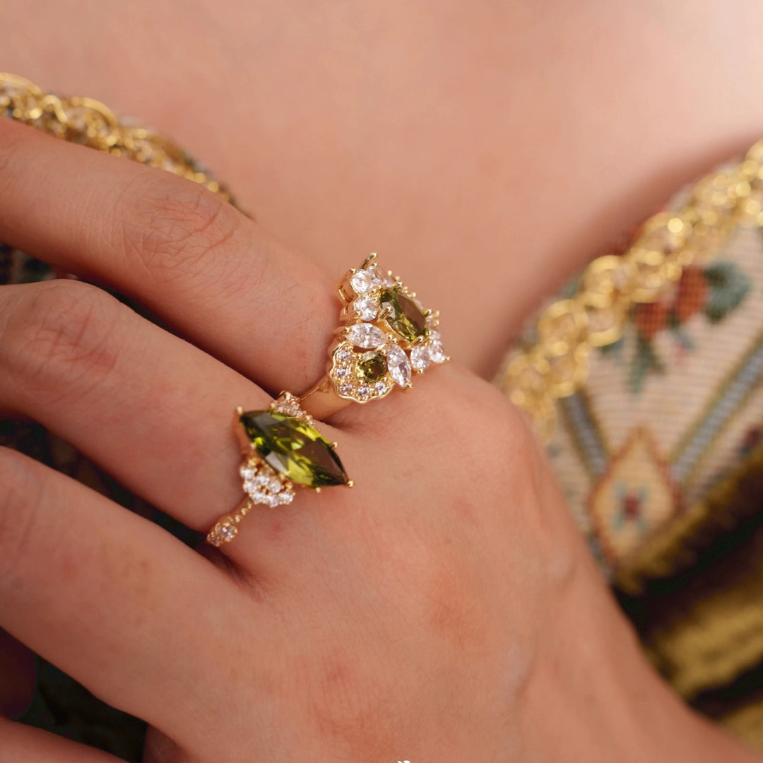 18K Gold Plated Olive Green Gemstone Ring Set of 2
