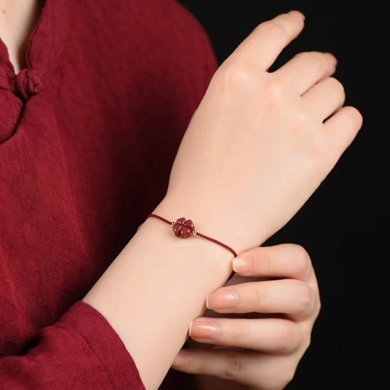 Handwoven Lucky Four Leaf Clover Cinnabar Bracelet
